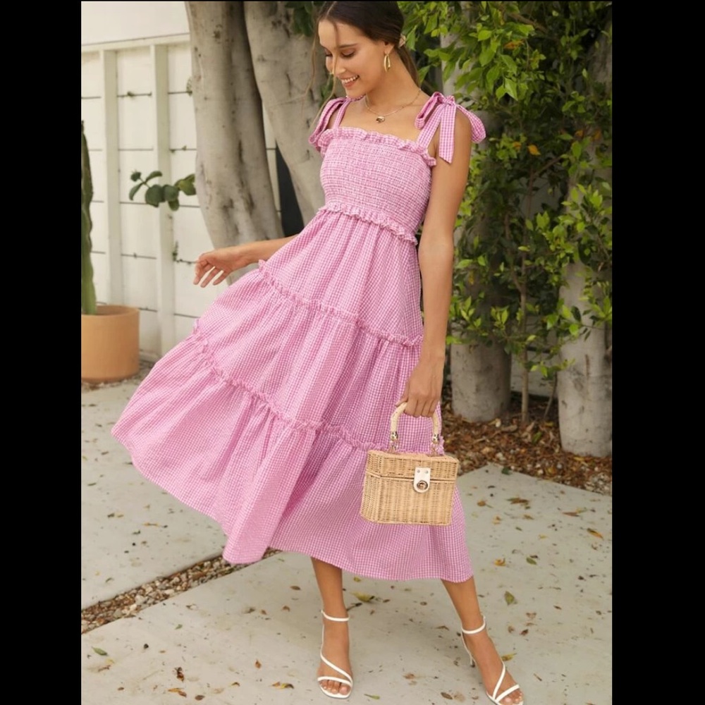 Pink Gingham SHEIN Tie Shoulder Shirred Dress